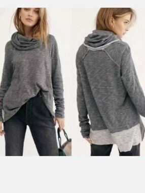 Free People Beach One Size Charcoal Gray Cowl-Neck Lightweight Sweater